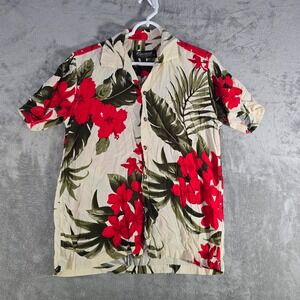 Favant Hawaiian Shirt Floral Print Button Up Short Sleeve Cream Red Size S‎